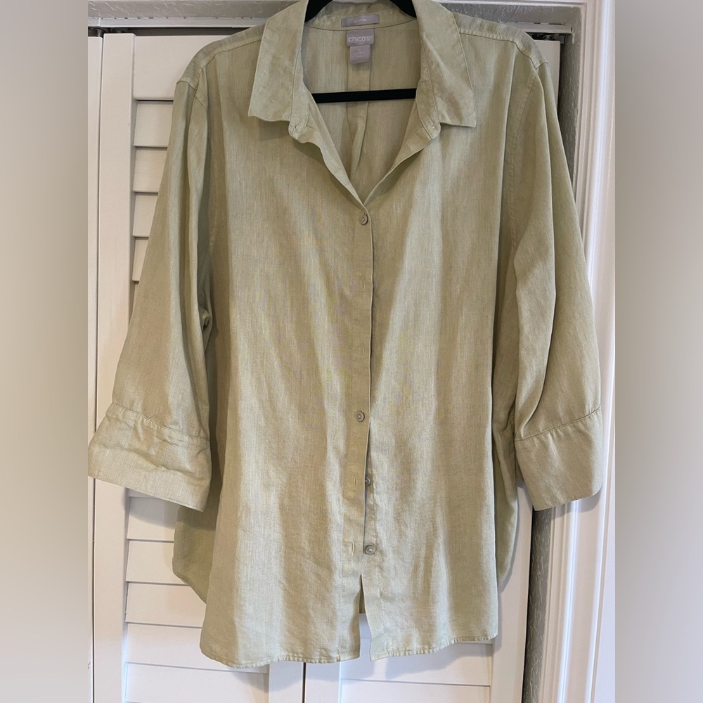 Chico's Light Sage No Iron Linen-Blend Shirt